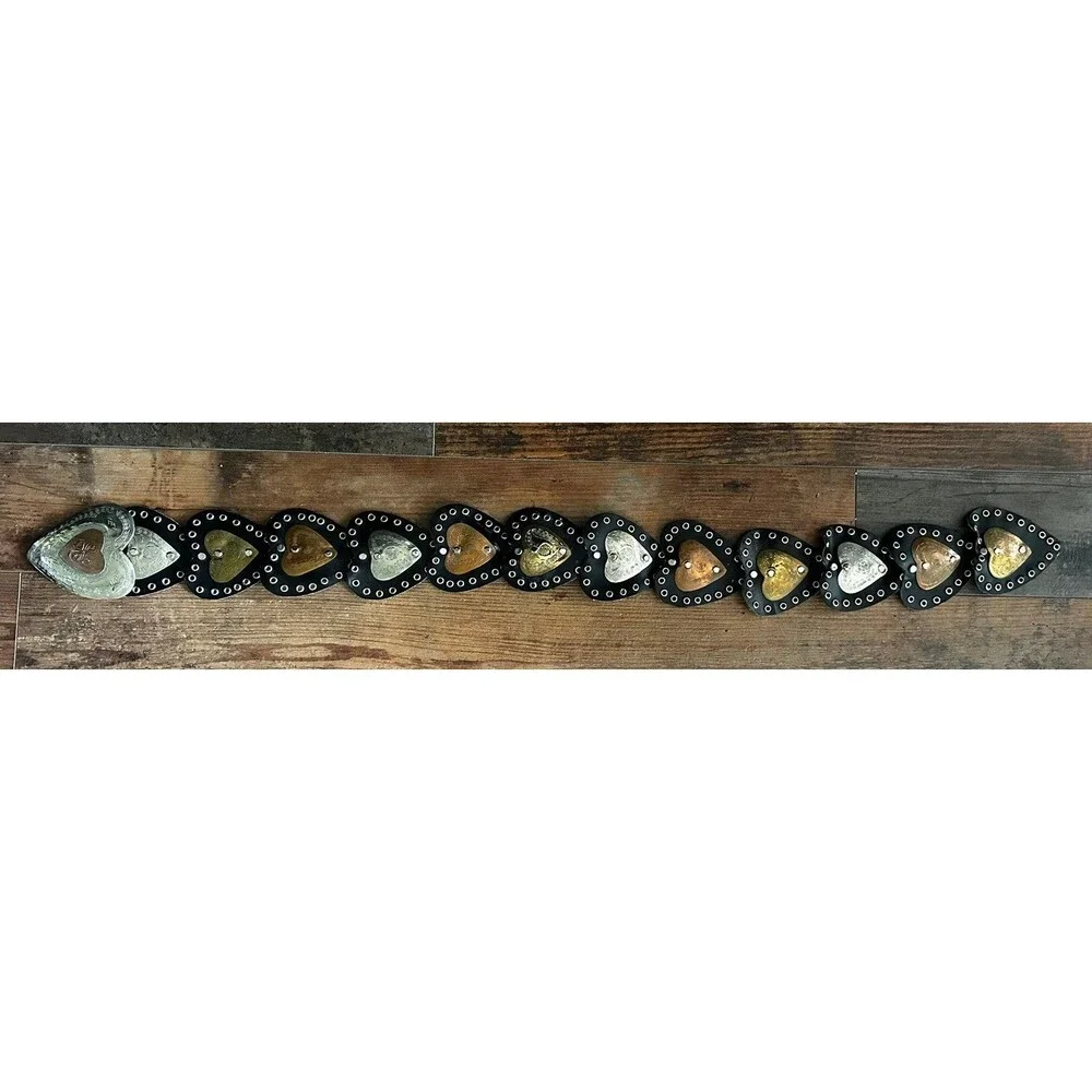 Vintage Black Leather Concho Belt Grommet Mixed Metal Heart Shaped Plate 39 Inch